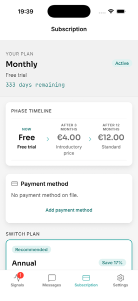 Subscription screen showing the current plan and phase timeline